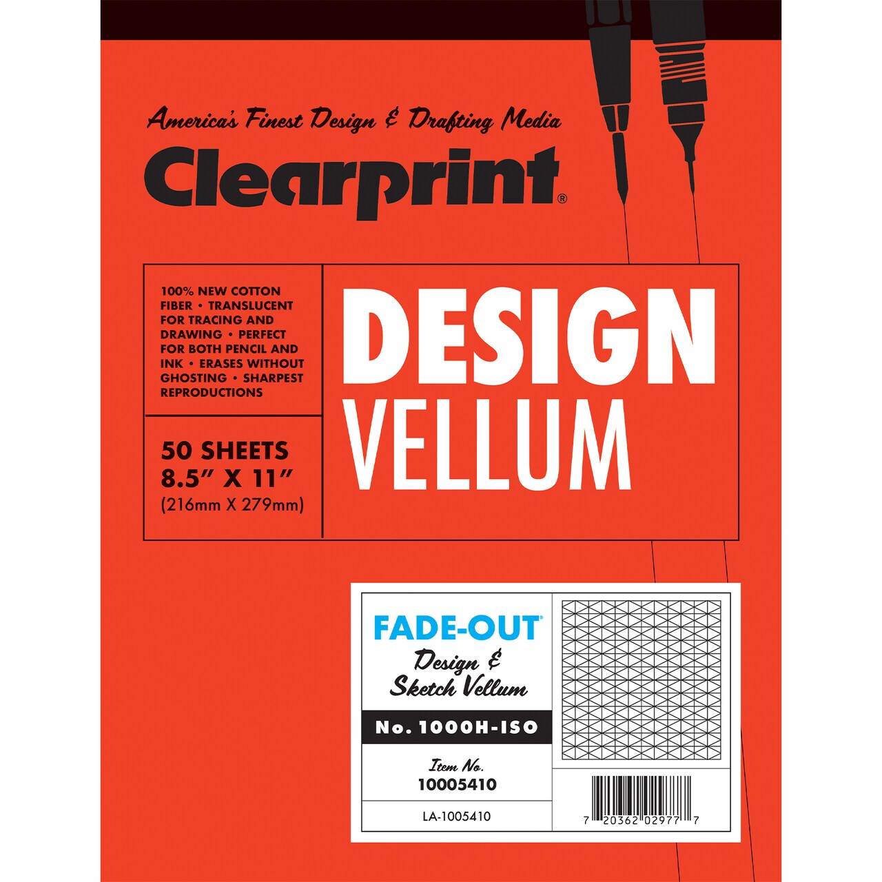 Clearprint 1000H 8.5" x 11" Design Vellum Pad with 30-Degree Isometric Fade-Out Grid, 16 lb., 100% Cotton, 50 Sheets/Pad